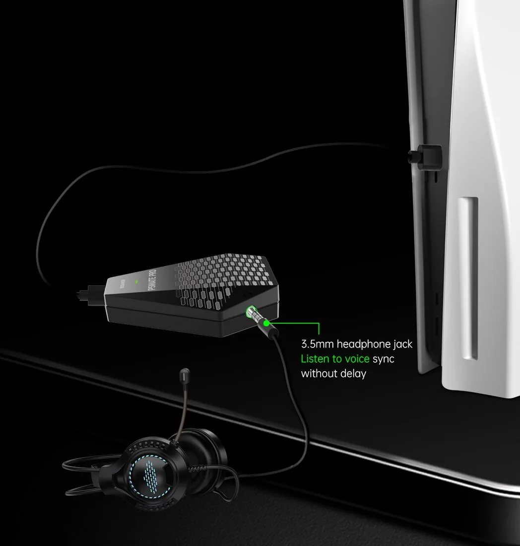P5Mate Pro plugged into a PS5 with a wired headset
